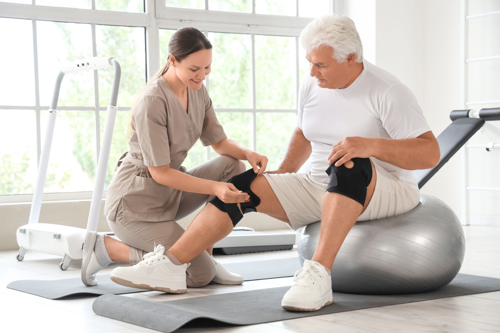 Woman in tan scrubs adjusts knee brace on man seated on exercise ball in a physiotherapy room.