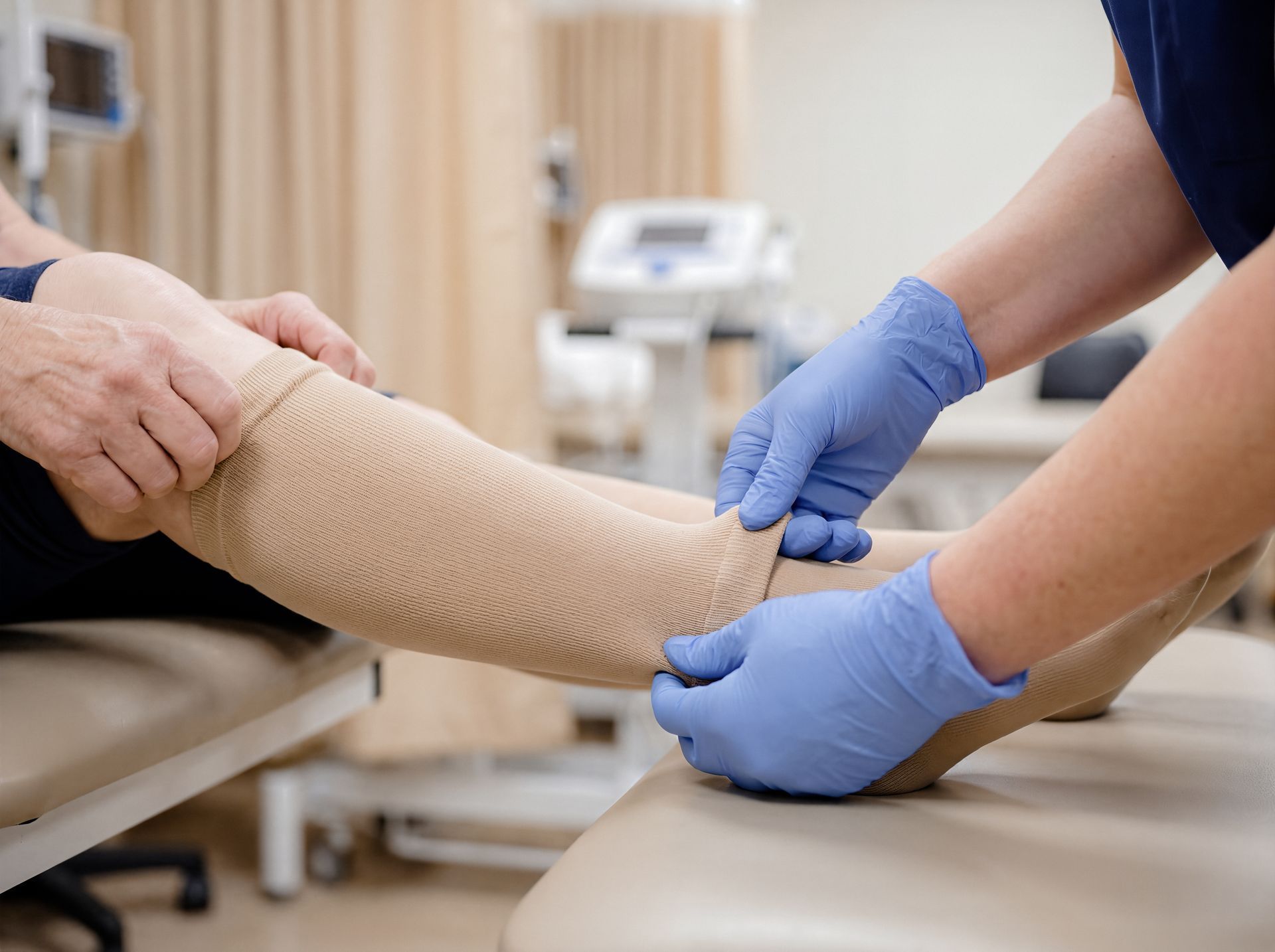 A person in blue medical gloves assists a patient in putting on a tan compression stocking in a clinic.