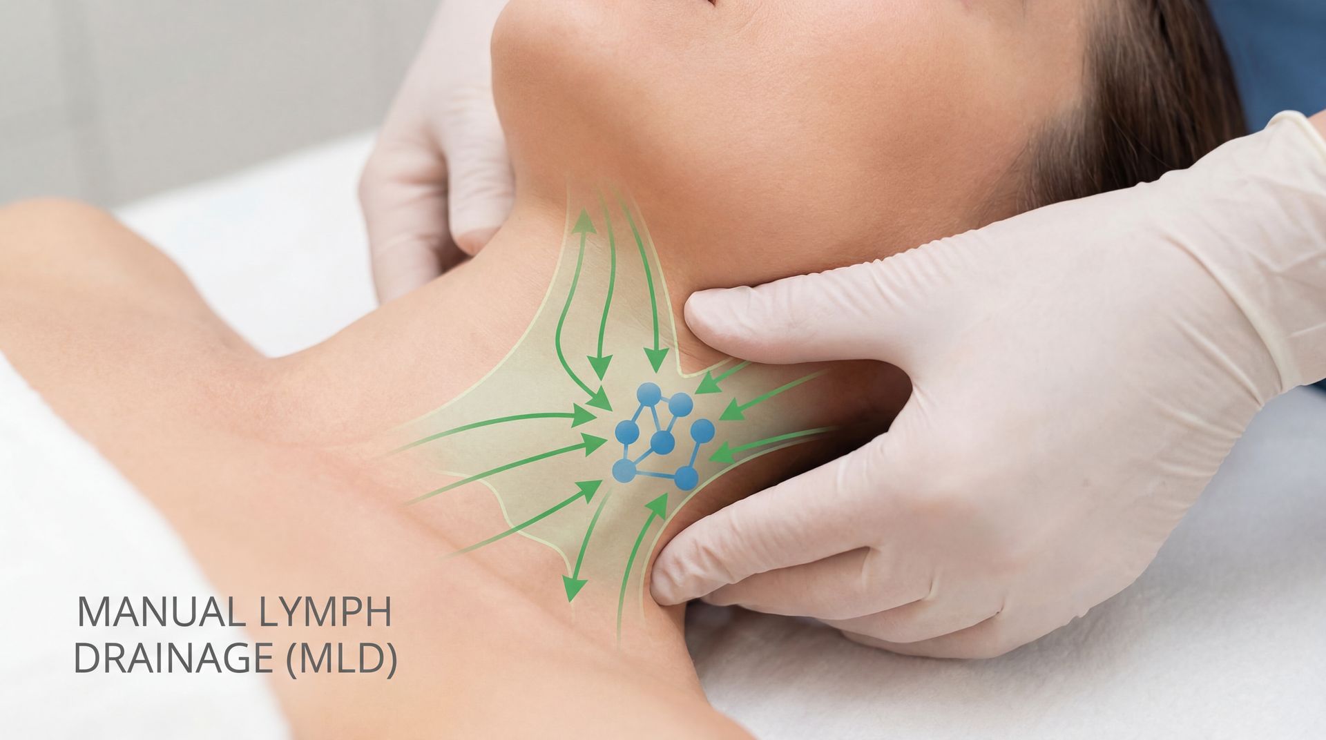Hands wearing medical gloves perform manual lymph drainage on a neck, illustrated with arrows flowing toward lymph nodes.