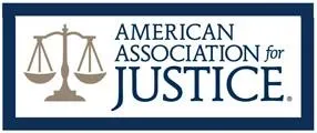 The logo for the american association for justice has a scale of justice on it.