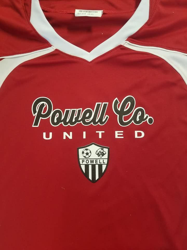 A red powell co. united jersey with white trim