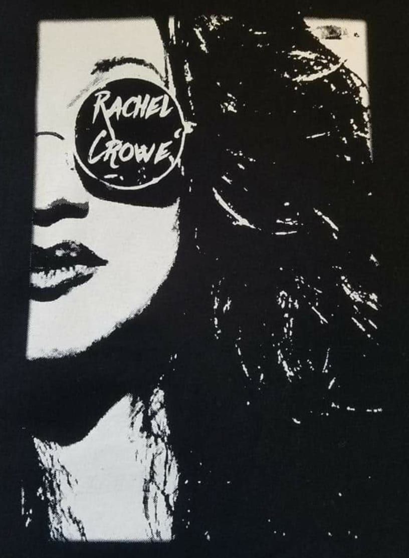 A black and white photo of a woman with the name rachel crowley written on it