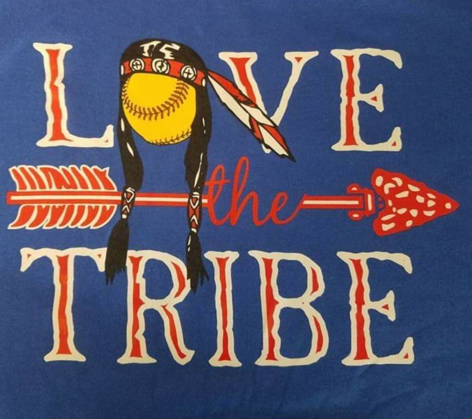 A blue shirt that says love the tribe