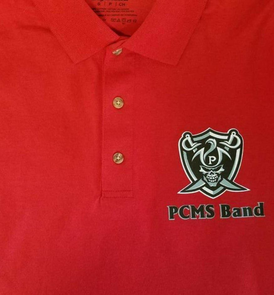 A red polo shirt that says pcms band on it