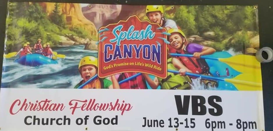 A sign that says splash canyon christian fellowship church of god
