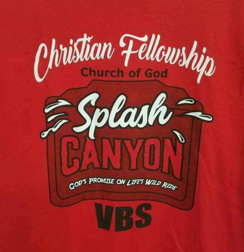 A red shirt that says christian fellowship church of god splash canyon
