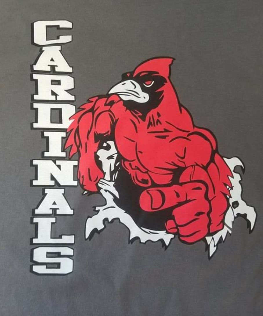 A mascot for the cardinals is pointing at the viewer