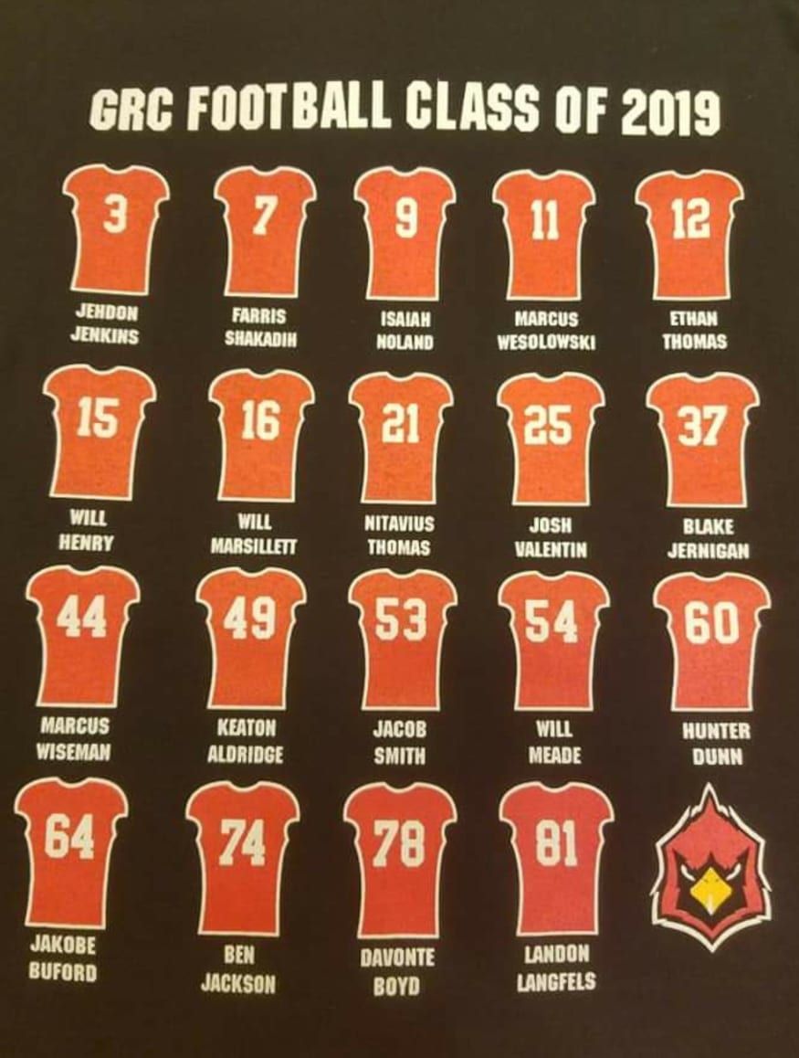 Grc football class of 2019 is displayed on a black shirt