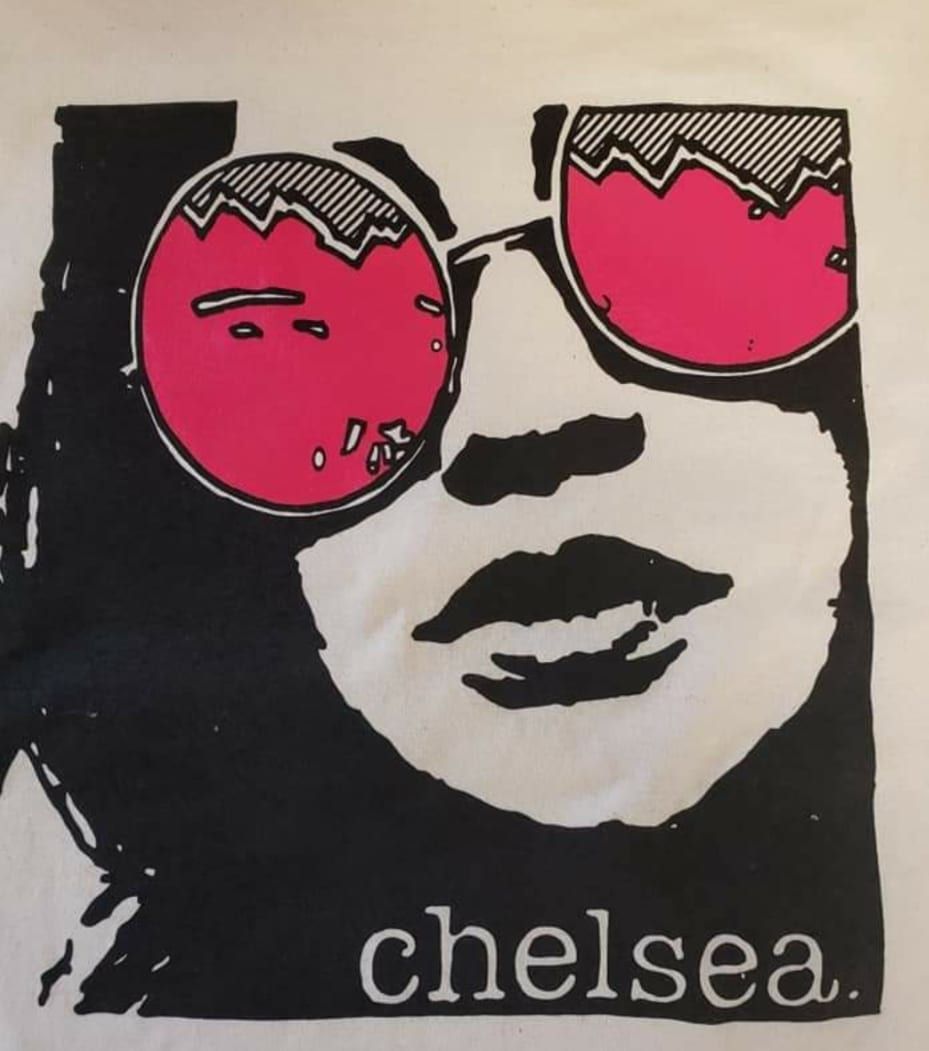A black and white drawing of a woman wearing pink sunglasses with the word chelsea on the bottom