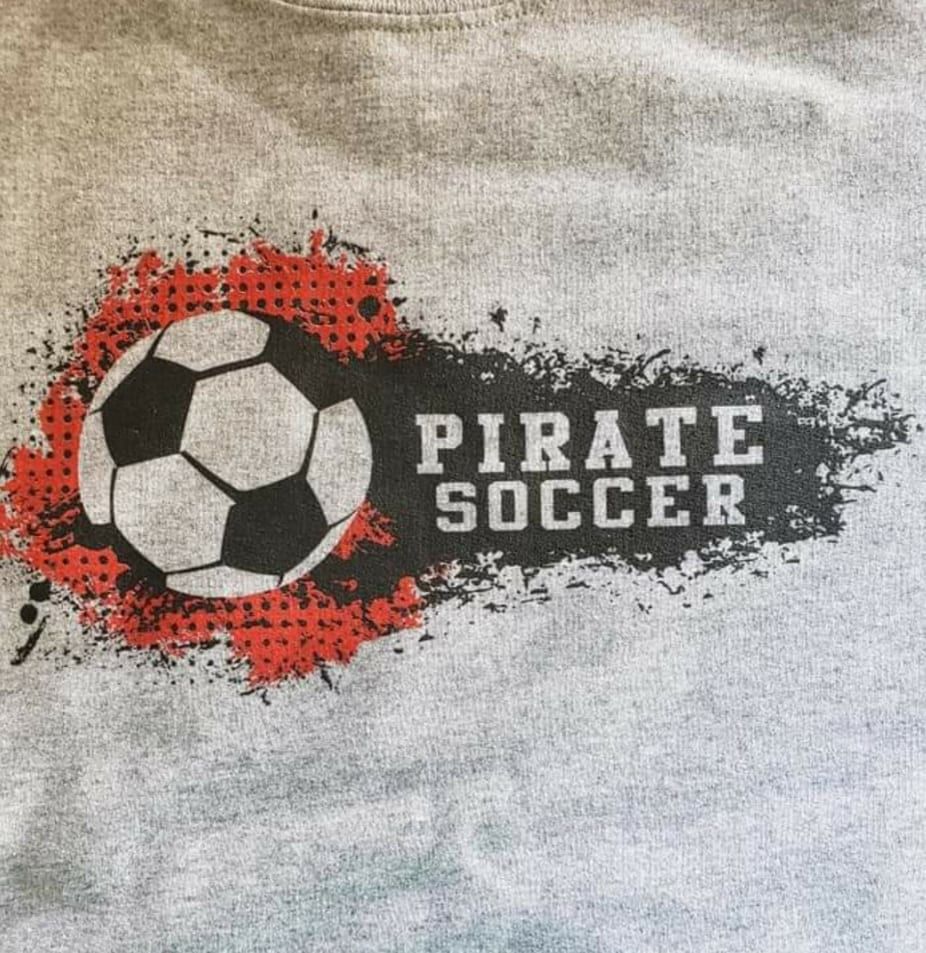 A pirate soccer shirt with a soccer ball on it