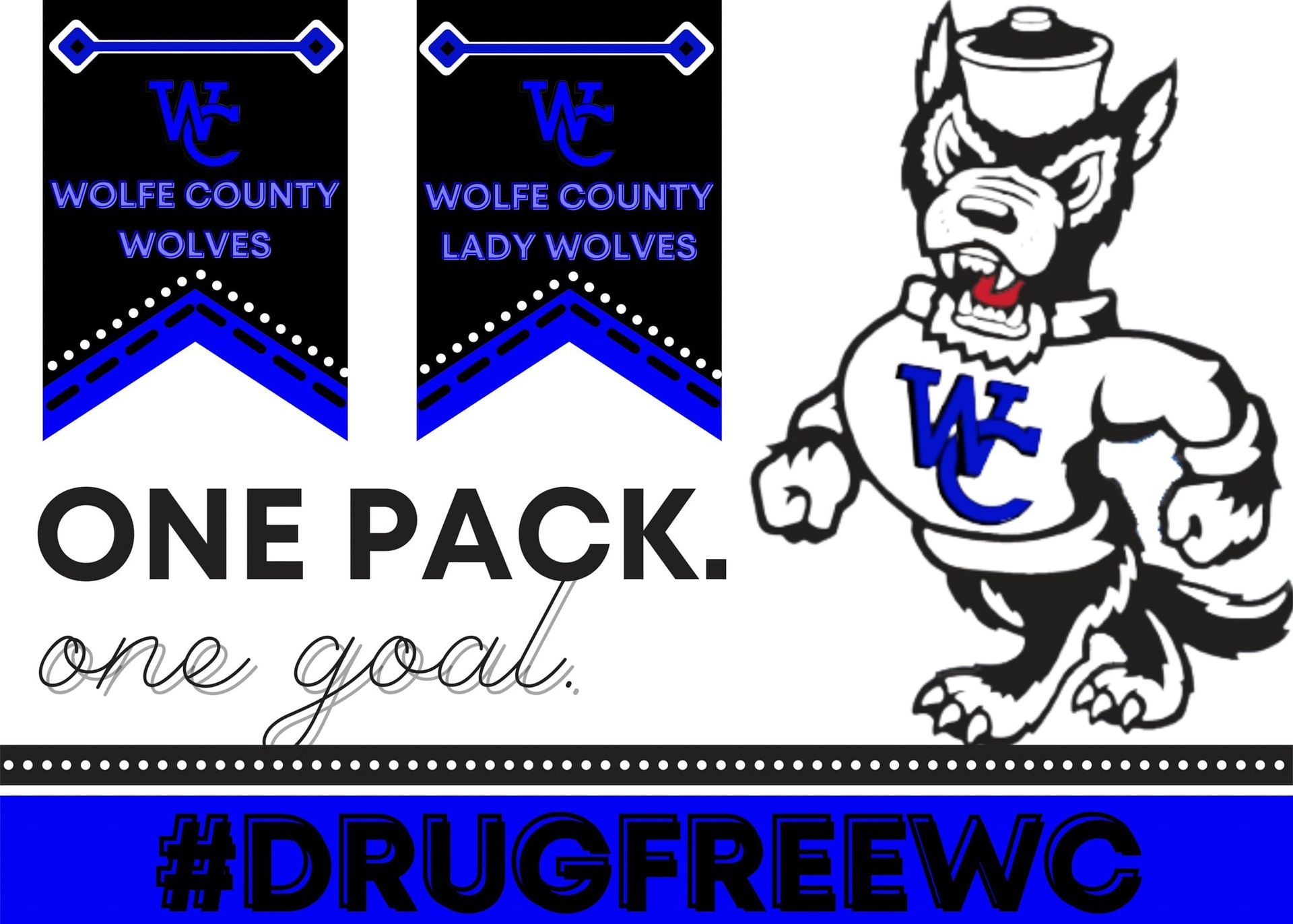 A wolfe county lady wolves mascot is standing next to a sign that says `` one pack , one goal ''.