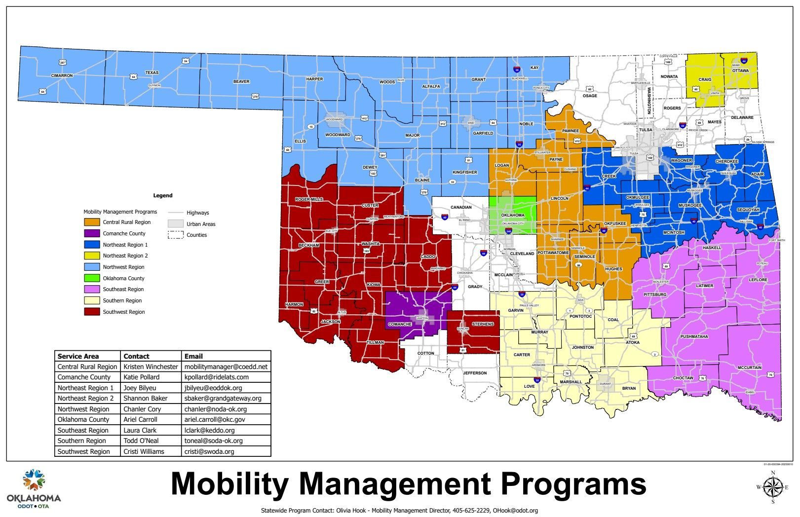 Map of oklahoma counties with service areas of mobiltiy management programs colored in. 