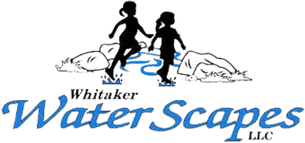Whitaker Waterscapes logo with two silhouetted children on rocks over stylized blue water and fish