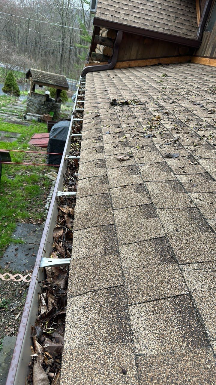 A roof with a gutter full of leaves on it.