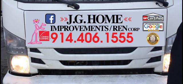 A white truck with a sign that says j.g. home improvements / ren corp