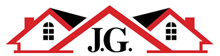 Logo with red house shapes framing 