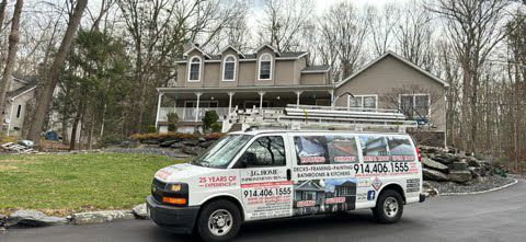 A white van is parked in front of a house.