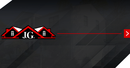 Logo with three red-roofed houses, initials 