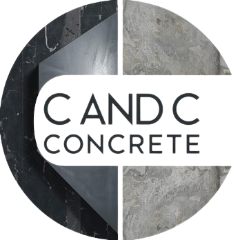 Logo for C and C Concrete, with "C" shape enclosing stone textures and text "C AND C CONCRETE."