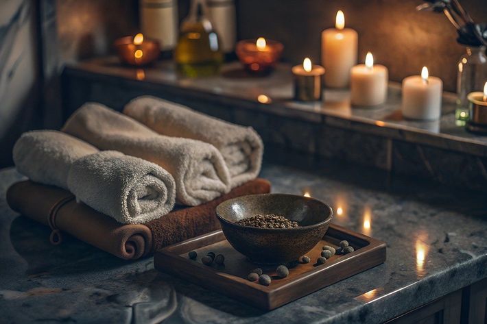 Il y a des bougies et des serviettes sur le comptoir dans un spa.