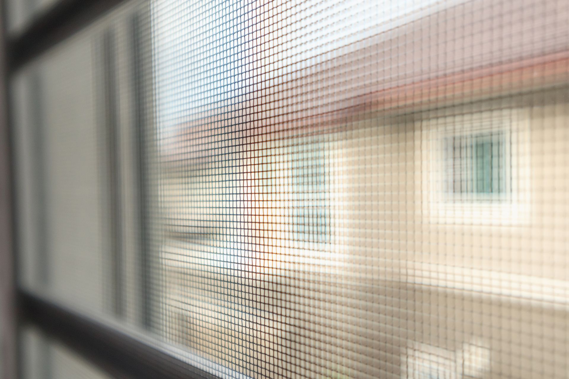 Close-up view of a window screen, with a blurry background of a house visible.