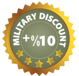 Military discount badge with a 10% discount, gold and olive green colors.