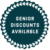 Dark teal badge with white text: