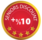 Red and gold Seniors Discount badge; 10% off.
