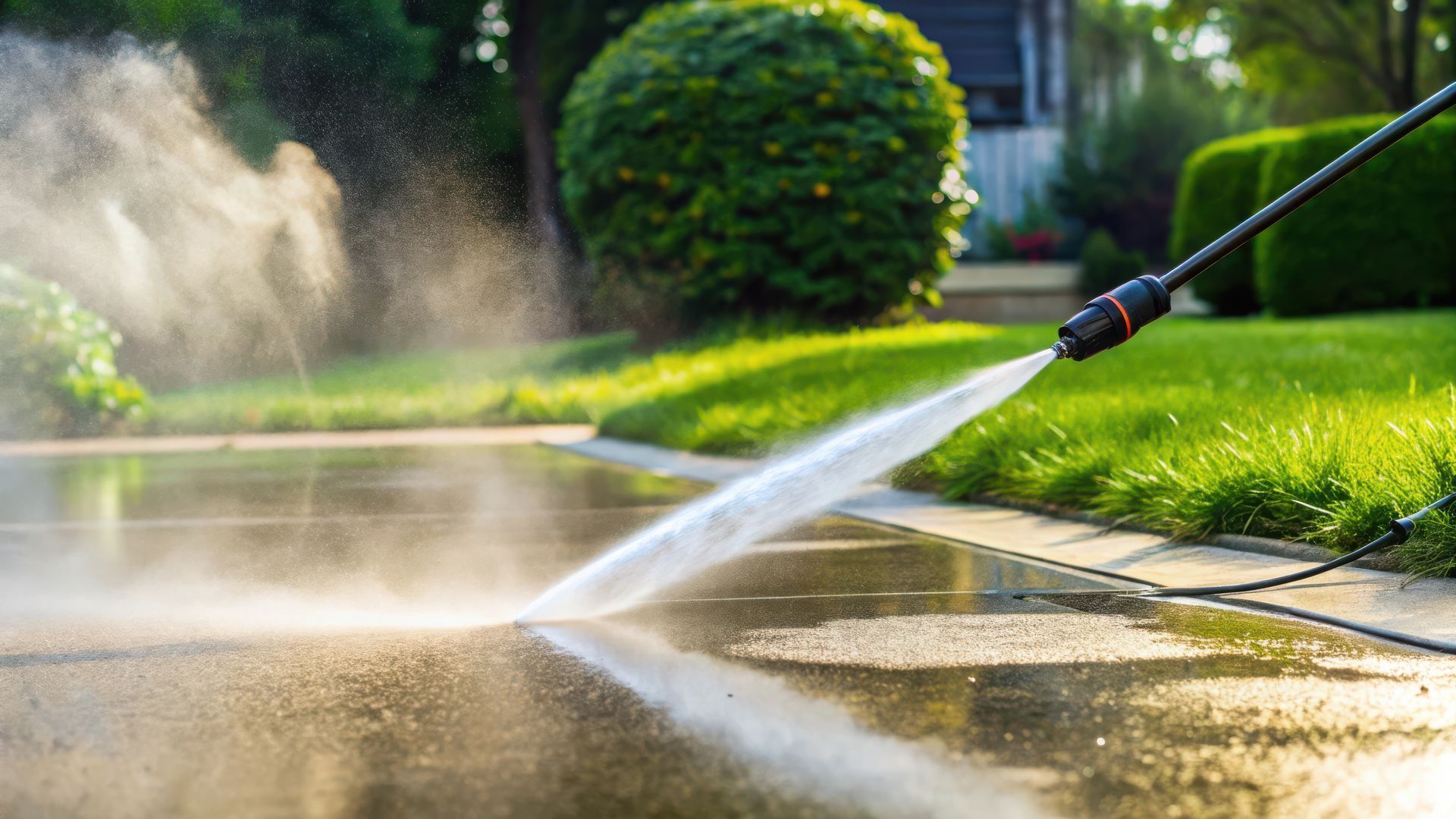 A pressure washer spraying water on a concrete driveway, cleaning it outdoors.