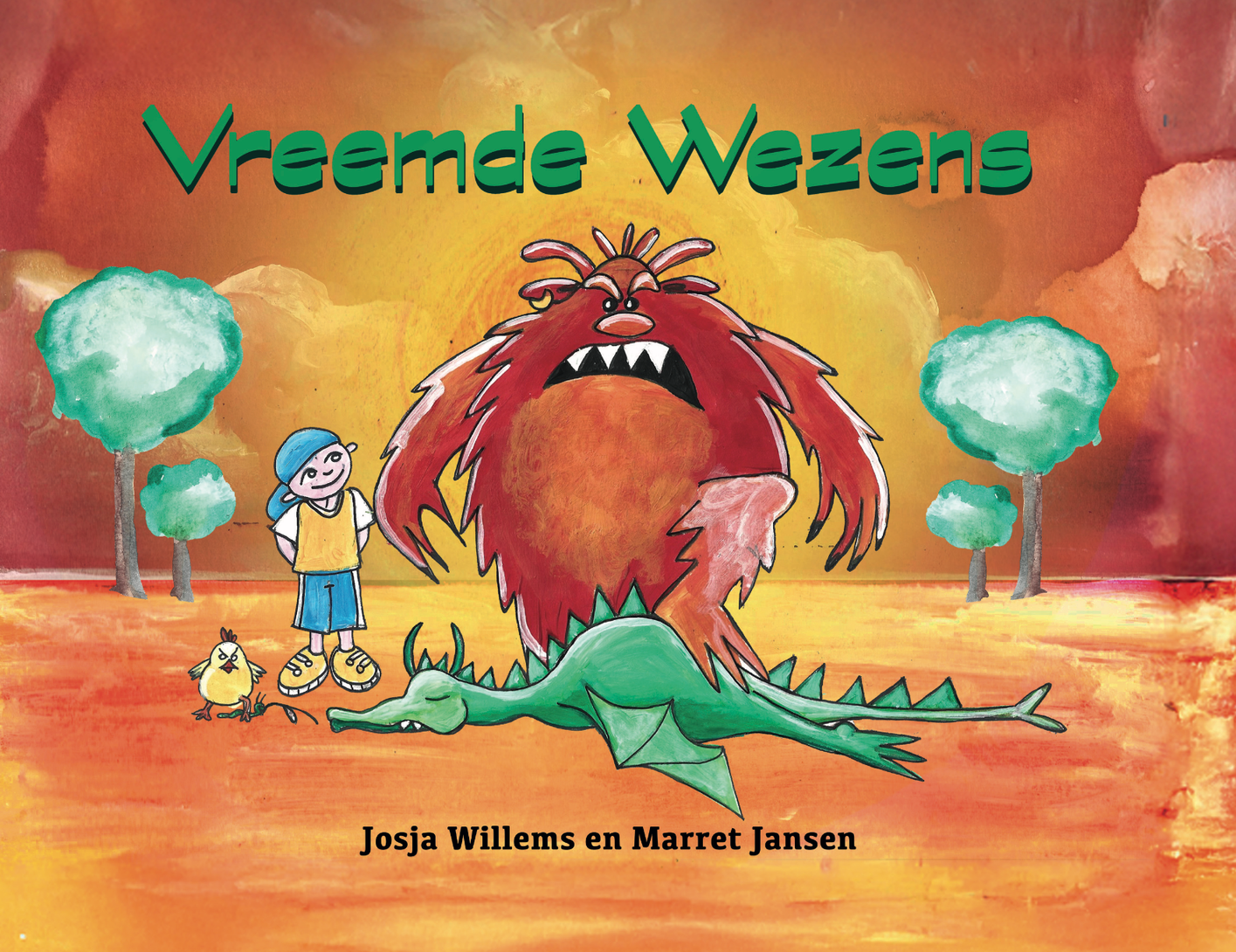 Een kleurrijke fantasyboekcover met een groene draak, een rood monster en een kind, onder de titel