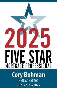 2025 Five Star Mortgage Professional badge with a blue star and red numbers. Cory Bohman's name and NMLS number are below.