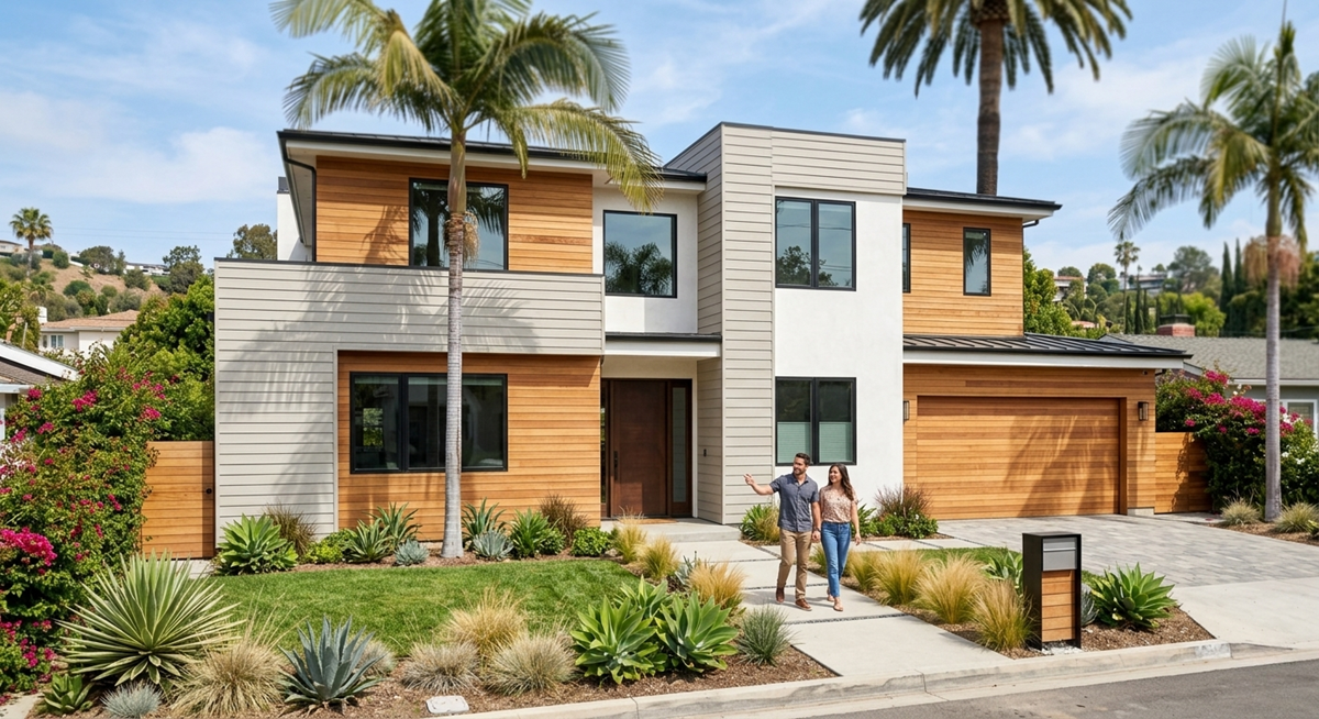 A modern, multi-story home in Los Angeles, California, featuring various exterior siding materials. The lower section of the house is clad in vertical light wood paneling, while the upper sections show contrasting horizontal tan siding and dark grey corrugated metal siding. The home has large black-framed windows and a prominent natural wood front door. Drought-tolerant landscaping with agaves, grasses, and shrubs fills the front yard, leading to a flagstone paver driveway. Tall palm trees are visible on the left hill, and a clear view of the downtown Los Angeles skyline is in the distance under a sunny, clear blue sky.