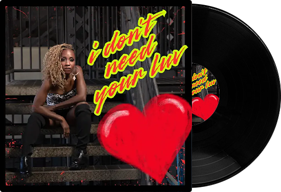 Woman seated on steps with text