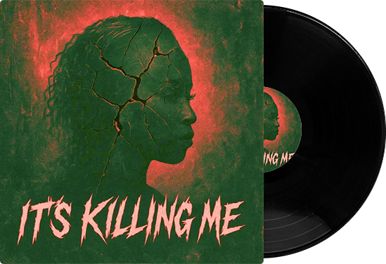 Green and red artwork. Profile of a person with cracked skin effect. Text: