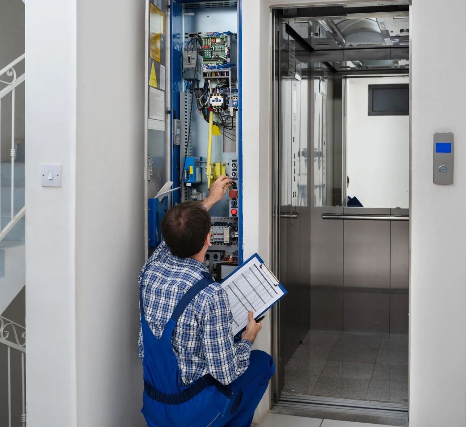 A man servicing a lift and holding a clipboard