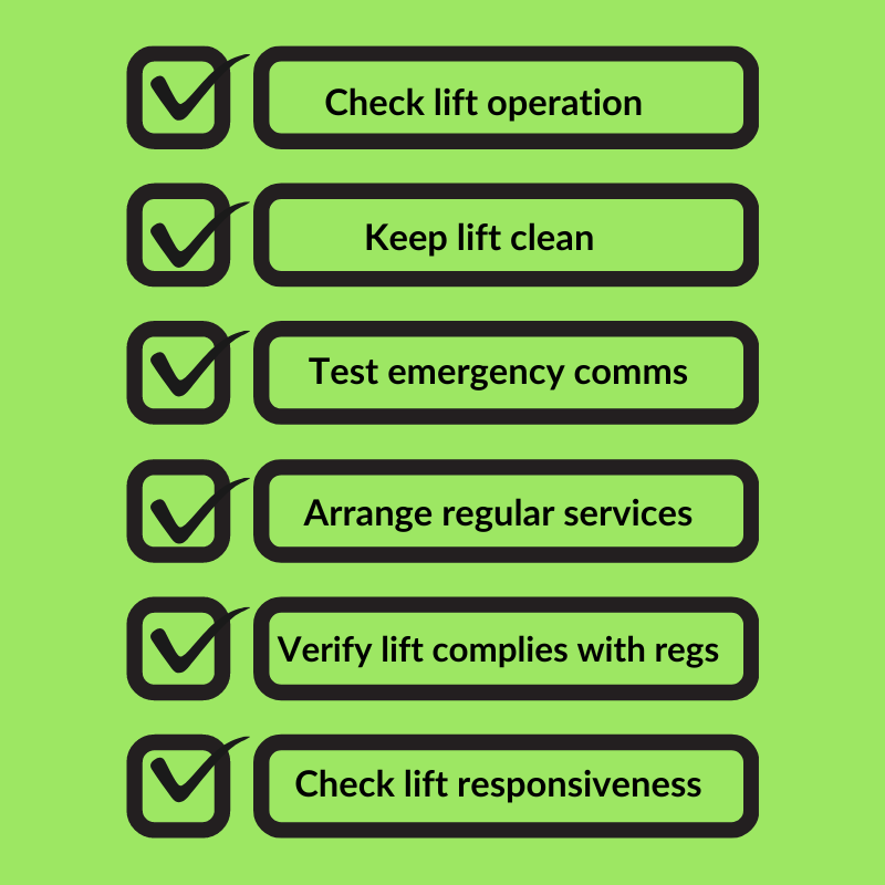a list of checklist items including check lift operation keep lift clean arrange regular services verify lift complies with regs check lift responsiveness