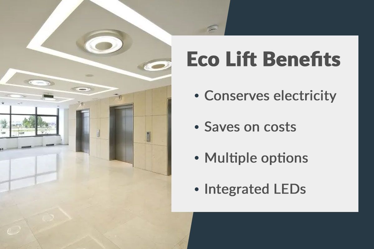 Foyer with two lifts and benefits of eco-lifts in text on the right hand side