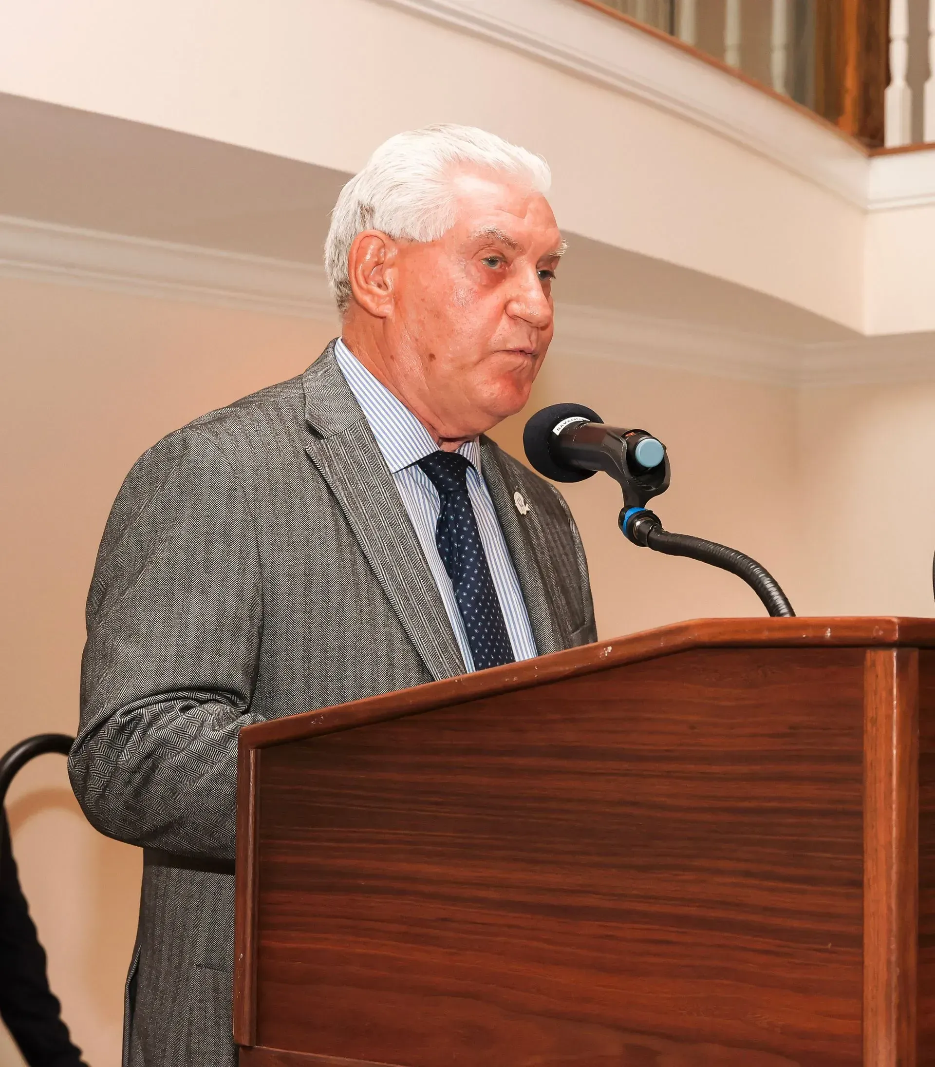 a man in a suit and tie is speaking into a microphone
