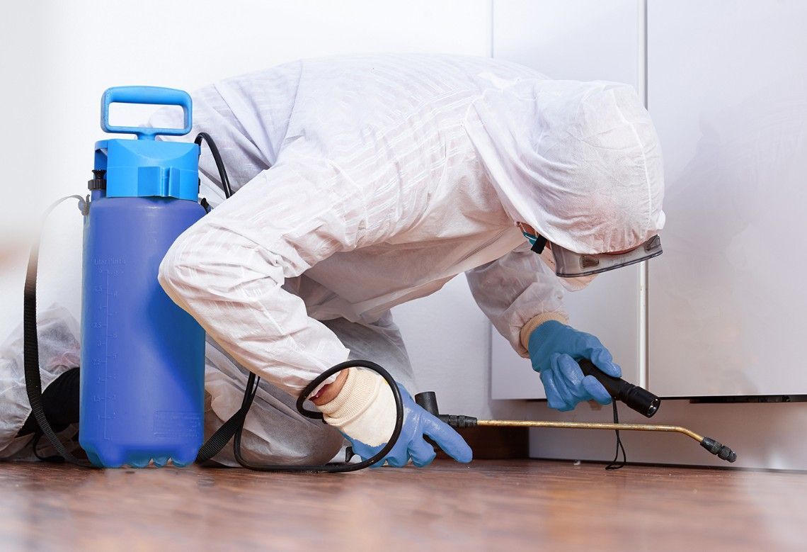 Un homme en combinaison de protection pulvérise un plancher en bois avec un pulvérisateur.