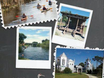 Scrapbook-style collage with kayaking, wooden structure, river scene, and white castle-like buildings.