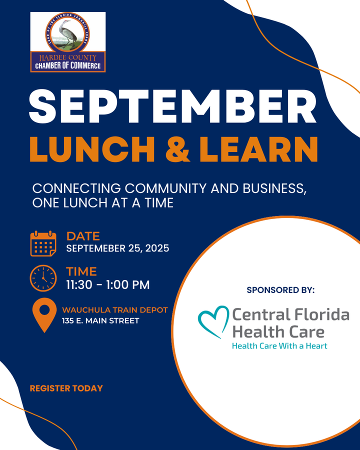 Poster advertising an August Lunch & Learn event at the Wauchula Train Depot on August 28, 2025, sponsored by TDG.