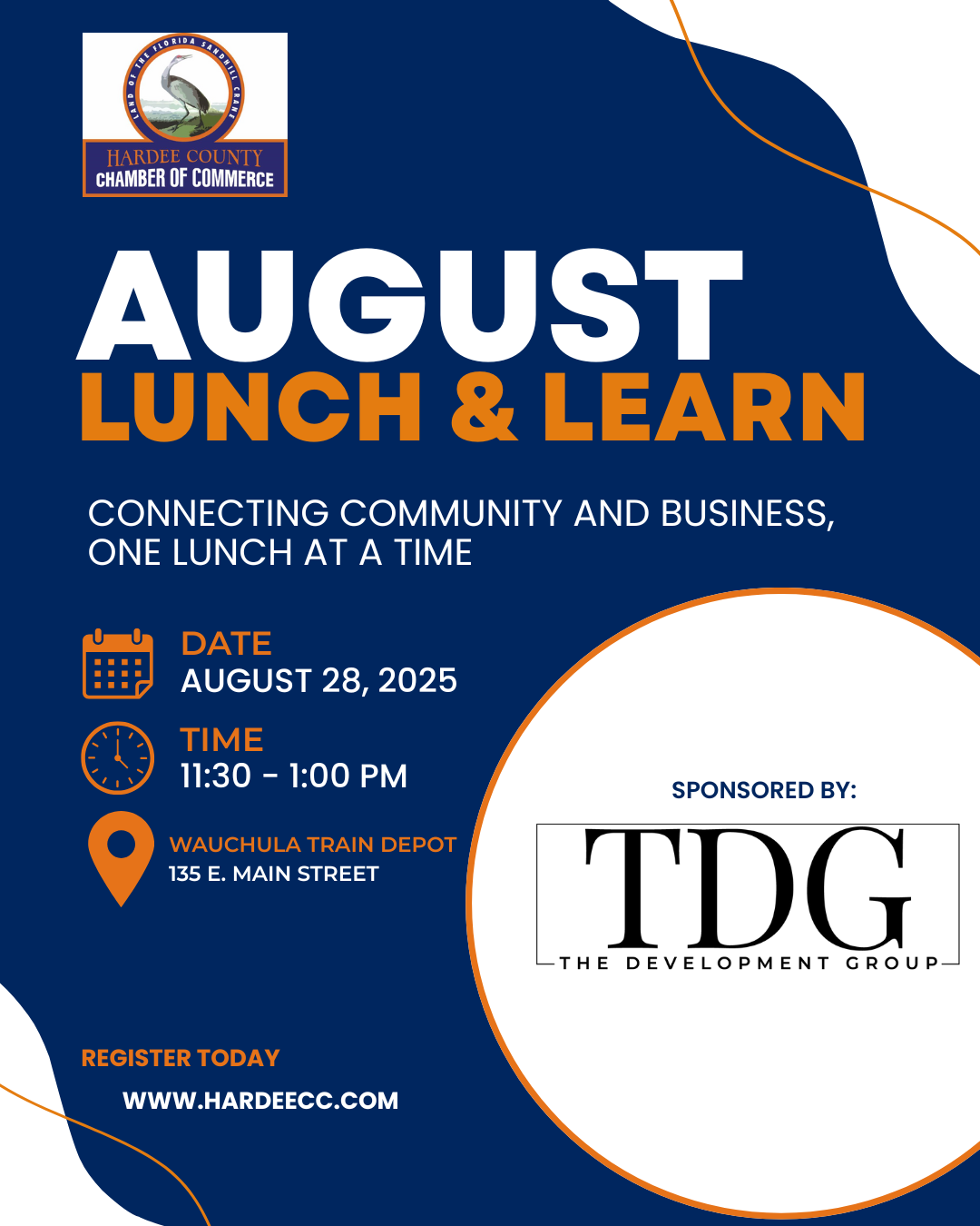 Poster advertising an August Lunch & Learn event at the Wauchula Train Depot on August 28, 2025, sponsored by TDG.