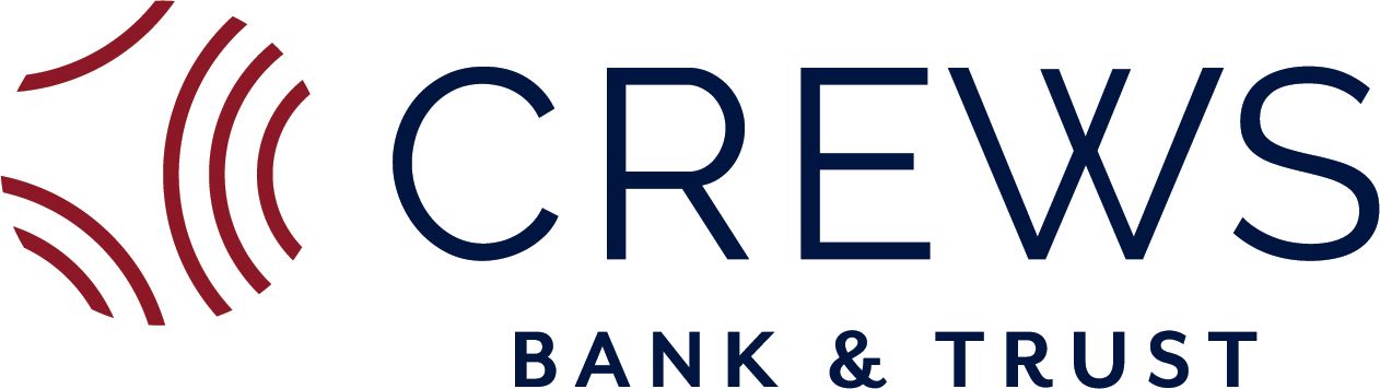 Logo for Crews Bank & Trust. A dark blue wordmark is above