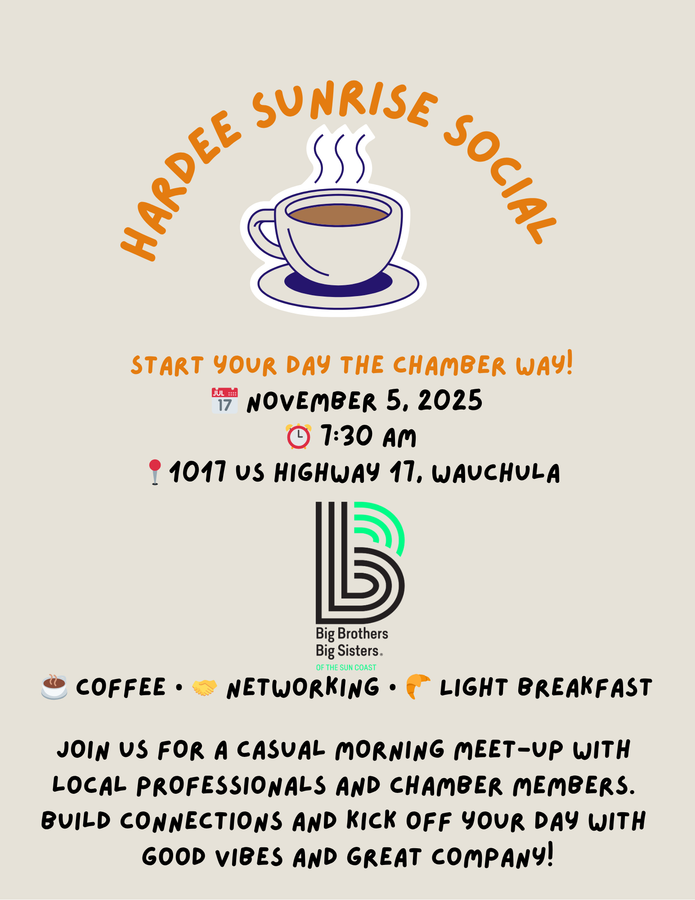 Flyer for a Hardee Sunrise Social at AdventHealth Wauchula on August 13, 2025, with coffee, networking, and breakfast.