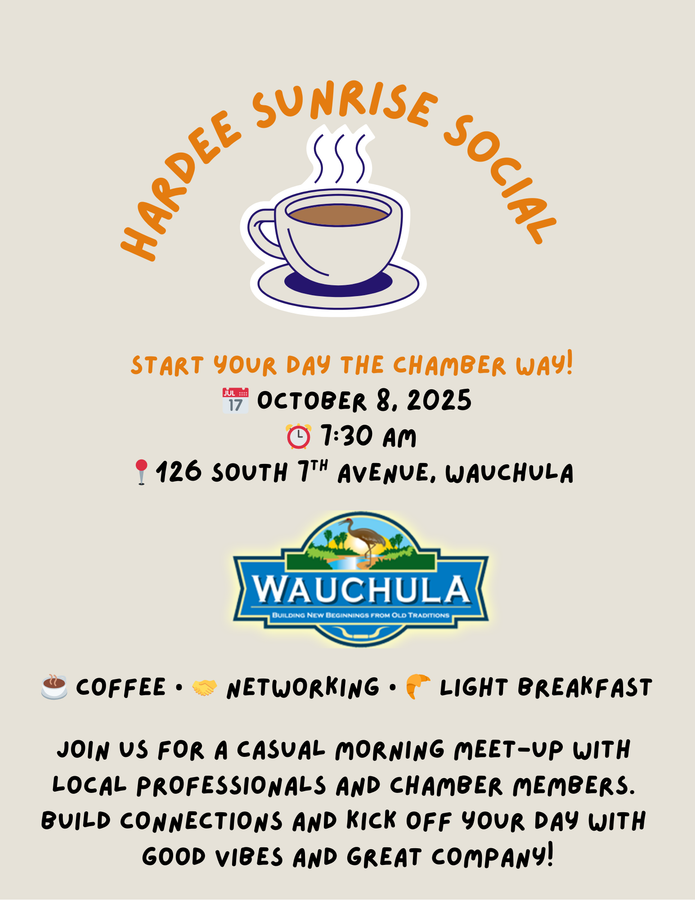 Flyer for a Hardee Sunrise Social at AdventHealth Wauchula on August 13, 2025, with coffee, networking, and breakfast.