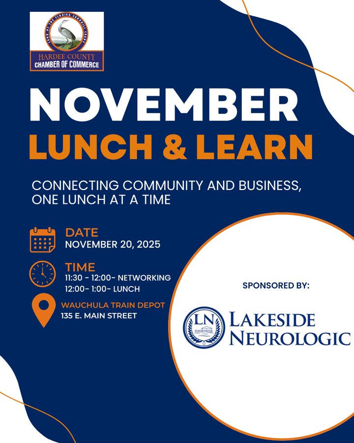 Poster advertising an August Lunch & Learn event at the Wauchula Train Depot on August 28, 2025, sponsored by TDG.