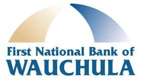 Logo for First National Bank of Wauchula: gold and blue arcs above dark blue text.