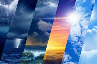 Different types of weather depicted in diagonal stripes: stormy seas, rain, sunset, and blue skies.