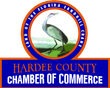 Logo for Hardee County Chamber of Commerce: A sandhill crane inside a blue and orange circular frame. Below, text reads 