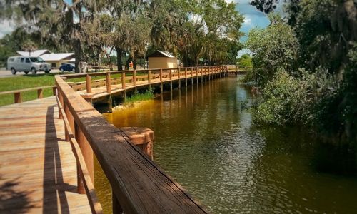 Wooden boardwalk over water in a park, with trees and buildings in the background on a sunny day.